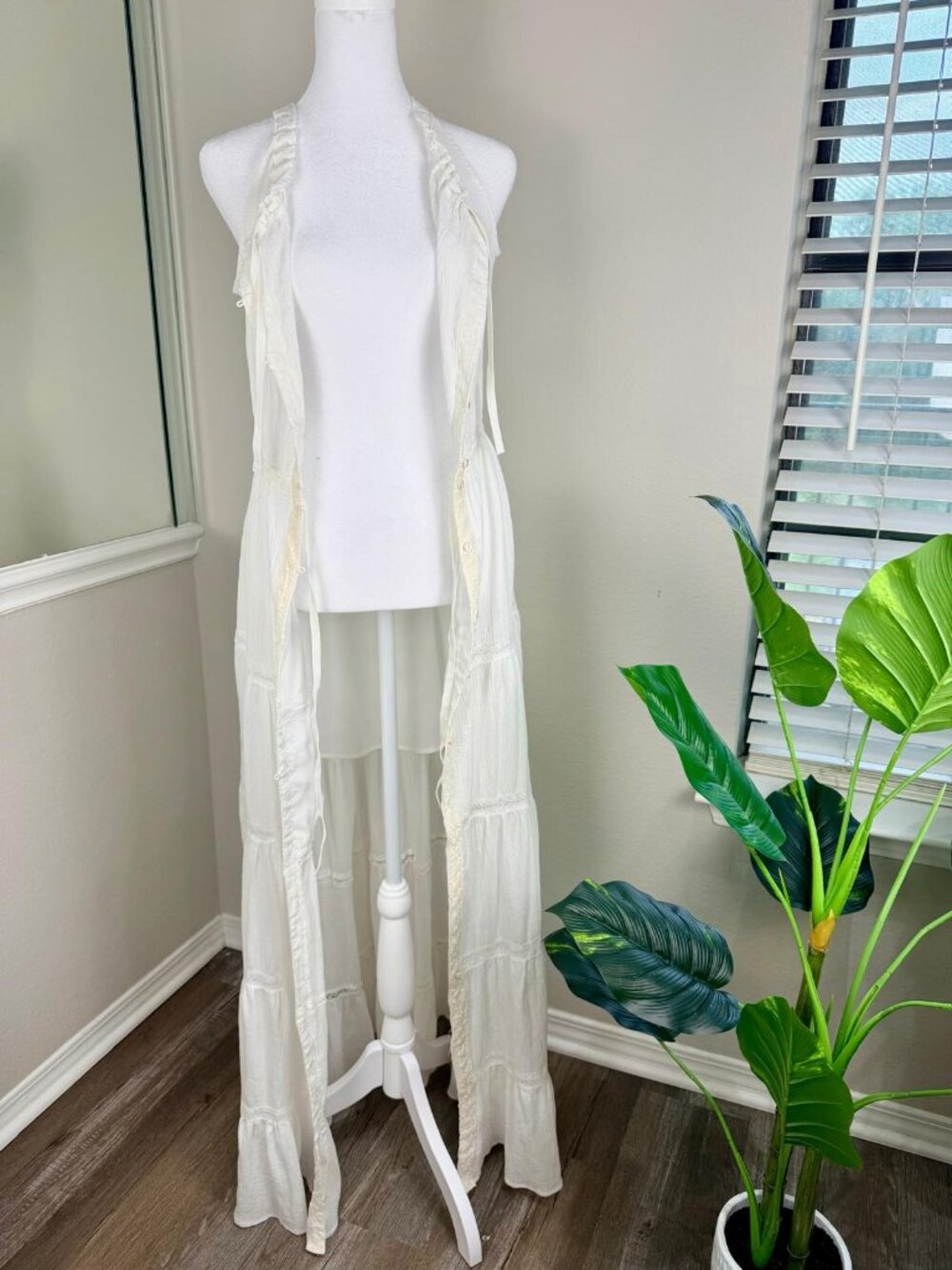 A.Peach White Boho Maxi Dress Womens Large Lace Button Front - Picture 7 of 13